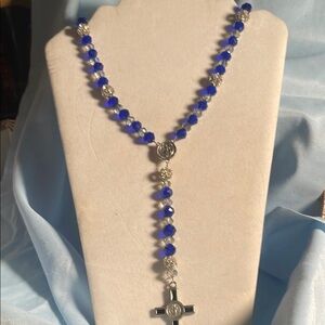 Blue and Silver Rosary Necklace with Cross Pendant St. Benedict
